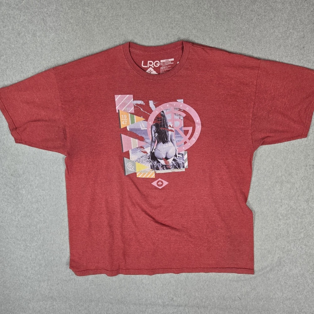 LRG Men Shirt 2XL Red Graphic Abstract Logo Short Sleeve Beach Love Girl